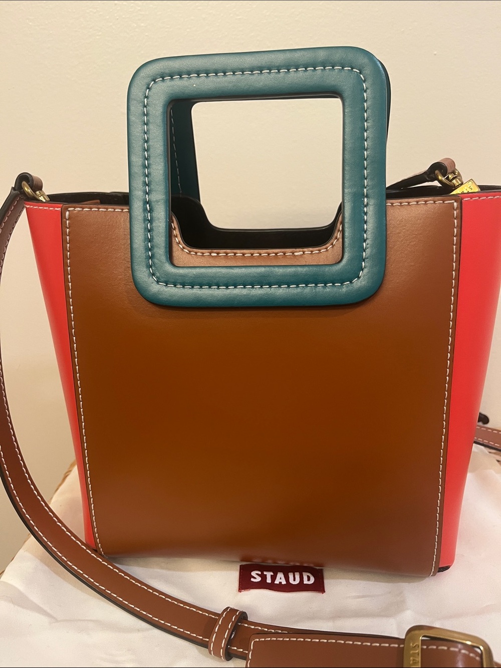 STAUD Shirley Brown, Teal & Red Colorblock Leather Tote/Crossbody